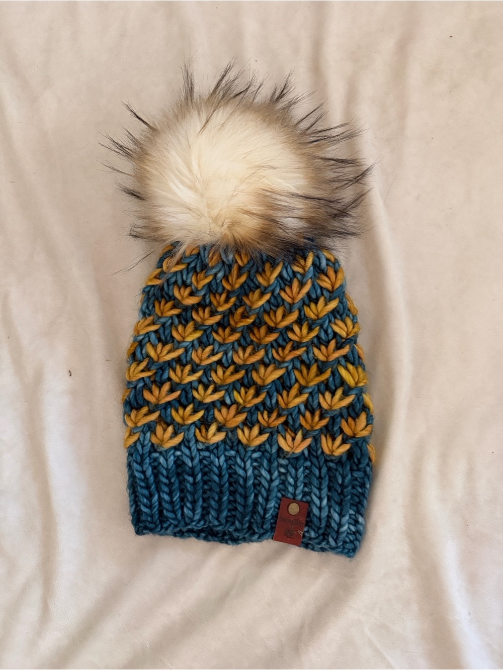 Handmade Blue and Mustard Pom Pom Knit Beanie